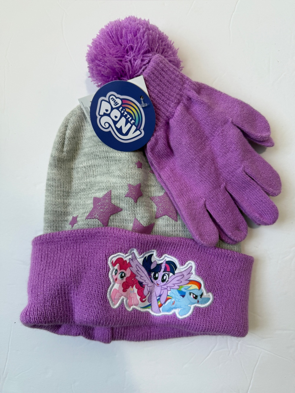 My Little Pony Purple & Gray Knit Hat & Matching Purple Gloves Little Girls O/S